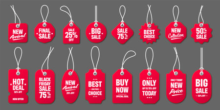 Realistic red price tags with white string on gray background. Special offer or shopping discount label. Retail paper sticker. Promotional sale badge. Vector illustration.のイラスト素材