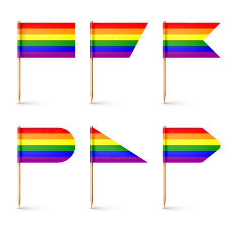 Realistic various toothpick flags. Wooden toothpicks with rainbow LGBTQ paper flag. Blank mockup for advertising and promotions. Pride month. Vector illustrationのイラスト素材