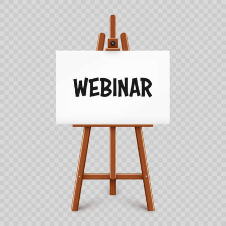Realistic paint desk with text on white canvas. Wooden easel and a sheet of drawing paper. Presentation board on a tripod. Distance education, online courses and e-learning. Vector illustrationのイラスト素材