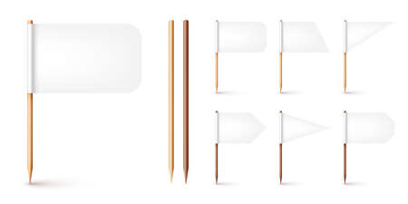 Realistic various toothpick flags. Wooden toothpicks with white paper flag. Location mark, map pointer. Blank mockup for advertising and promotions. Vector illustrationのイラスト素材
