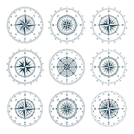 Vintage marine wind rose, nautical chart. Monochrome navigational compass with cardinal directions of North, East, South, West and degree markings. Geographical position, cartography and navigation.のイラスト素材