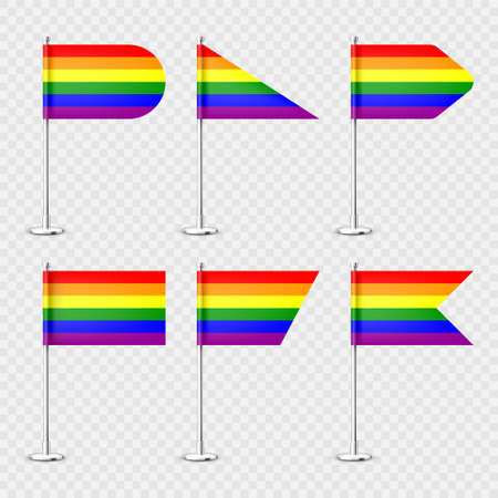 Realistic various table flags on a chrome steel pole. Rainbow LGBT desk flag made of paper or fabric. Shiny metal stand. Mockup for promotion and advertising. Vector illustrationのイラスト素材