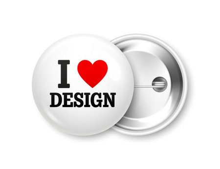 Realistic white and black badges with text and red heart. I love design. 3D glossy round button. Pin...
