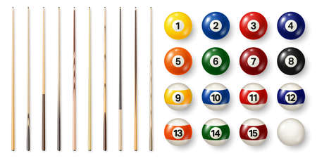Colorful billiard balls with numbers and various pool cues. Glossy snooker ball. Sports equipment. Vector illustration.のイラスト素材