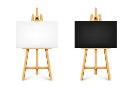 Realistic paint desk with blank black and white canvas. Wooden easel and a sheet of drawing paper. Presentation board on a tripod. Artwork mockup, template. Vector illustrationのイラスト素材