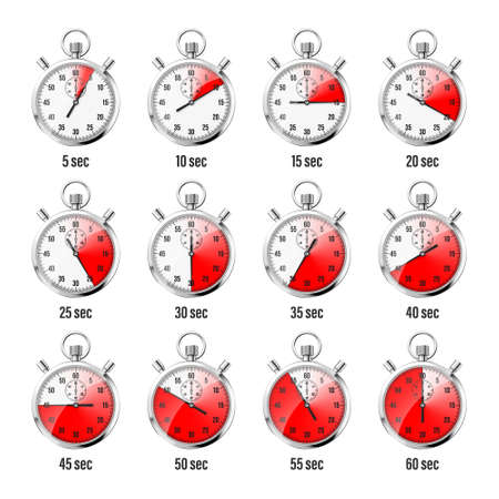 Realistic classic stopwatch icons. Shiny metal chronometer, time counter with dial. Red countdown timer showing minutes and seconds. Time measurement for sport, start and finish. Vector illustrationのイラスト素材