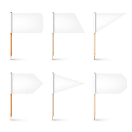 Realistic various toothpick flags. Wooden toothpicks with white paper flag. Location mark, map pointer. Blank mockup for advertising and promotions. Vector illustrationのイラスト素材