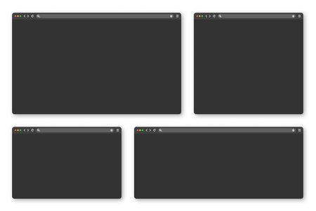 Blank web browser window with toolbar and search field. Modern website, internet page in flat style. Browser mockup for computer, tablet and smartphone. Adaptive UI, dark mode. Vector illustrationのイラスト素材