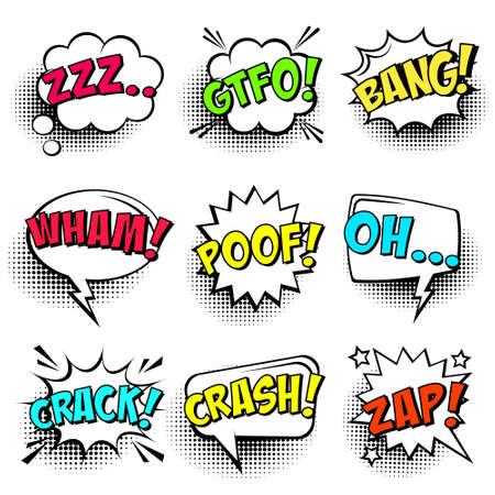Comic speech bubbles with halftone shadows and colorful text isolated on white background. Hand drawn retro cartoon stickers. Pop art style. Vector illustration.のイラスト素材