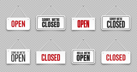 Realistic open or closed hanging signboards. Vintage door sign for cafe, restaurant, bar or retail store. Announcement banner, information signage for business or service. Vector illustrationのイラスト素材