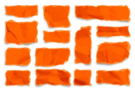 Orange ripped paper strips on white background. Realistic colorful crumpled paper scraps with torn edges. Shreds of notebook pages. Vector illustrationのイラスト素材