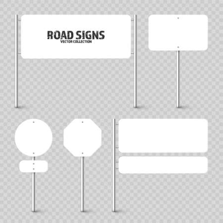 Various road, traffic signs. Highway signboard on a chrome metal pole. Blank white board with place for text. Directional signage and wayfinder. Information sign mockup. Vector illustrationのイラスト素材