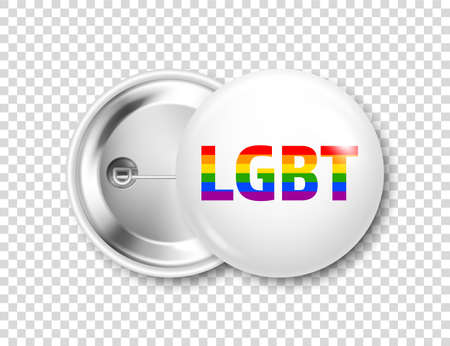 Realistic white badge with LGBTQ rainbow flag. Lesbian, gay, bisexual, transgender love symbol, pride month. 3D glossy round button. Pin badge mockup. Vector illustrationのイラスト素材
