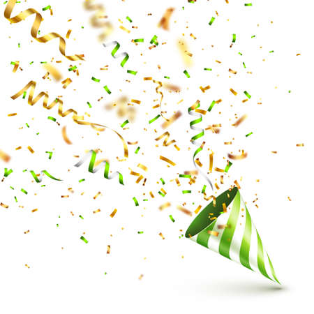 Shiny party hat with ribbon and confetti. Holiday decoration. Birthday celebration. Vector illustration.のイラスト素材