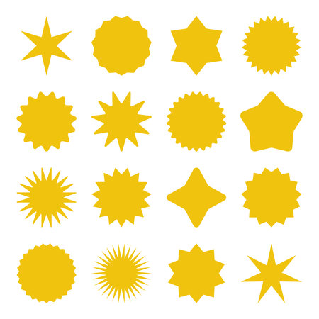 Retro stars, sunburst symbols. Vintage sunbeam icons. Yellow shopping labels, sale or discount sticker, quality mark. Special offer price tag, promotional badge. Vector illustration.のイラスト素材