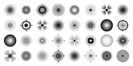 Various weapon sights, black crosshair icons. Aim, shooting mark symbol. Military target sign, silhouette. Radial sonar sound waves, radio signal. Vector illustrationのイラスト素材
