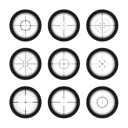 Various weapon sights, sniper rifle optical scopes. Hunting gun viewfinder with crosshair. Aim, shooting mark symbol. Military target sign, silhouette. Game interface UI element. Vector illustrationのイラスト素材