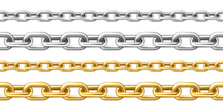 Realistic seamless golden and silver chains isolated on white background. Metal chain with shiny gold plated links. Vector illustration.のイラスト素材
