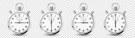 Realistic classic stopwatch icons. Shiny metal chronometer, time counter with dial. Countdown timer...