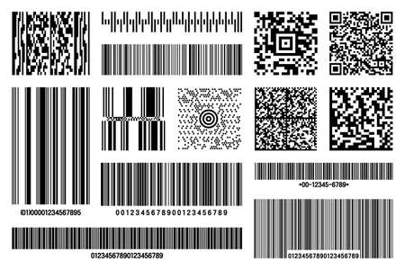 Set of product barcodes and QR codes. Identification tracking code. Serial number, product ID with digital information. Store or supermarket scan labels, price tag. Vector illustration.のイラスト素材