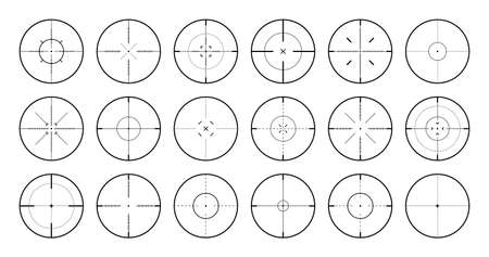 Various sniper rifle sights, weapon optical scope crosshair. Hunting gun viewfinder. Shooting mark symbol, aim. Military target sign. Game interface UI element. Vector illustrationのイラスト素材