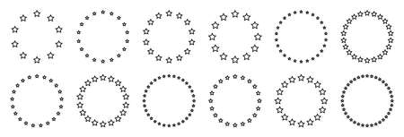 Stars of various sizes arranged in a circle. Round frame, border. Black star outline, simple symbol. Design element, ornament. Line art. Vector illustrationのイラスト素材