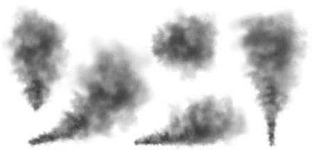 Black realistic smoke, dust clouds isolated on white background. Dirty polluted smog or fog. Air pollution, mist effect. Smoke from fire or explosion. Vector illustrationのイラスト素材