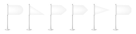 Realistic various table flags on a chrome steel pole. Blank white desk flag made of paper or fabric. Shiny metal stand. Mockup for promotion and advertising. Vector illustrationのイラスト素材