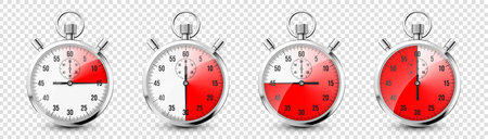 Realistic classic stopwatch icons. Shiny metal chronometer, time counter with dial. Red countdown...