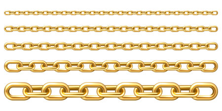 Realistic gold plated metal chain with golden links isolated on white background. Vector illustration.のイラスト素材
