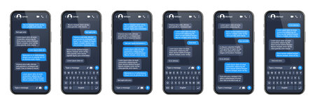 Realistic smartphone with messaging app. SMS text frame. Conversation chat screen with blue message...