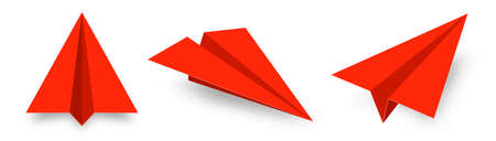 Realistic red paper planes collection. Handmade origami aircraft in flat style. Paper toy for a child. Business concept element, project startup and goal achievement. Vector illustrationのイラスト素材