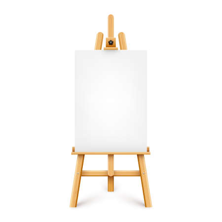 Realistic paint desk with blank white canvas. Wooden easel and a sheet of drawing paper. Presentation board on a tripod. Artwork mockup, template. Vector illustrationのイラスト素材