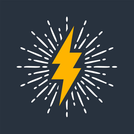 Yellow vintage lightning bolt and sun rays. Lightnings with sunburst effect. Thunderbolt, electric shock sign. Vector illustrationのイラスト素材