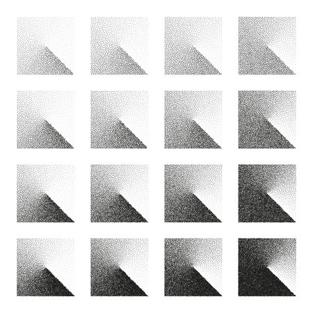 Square shaped dotted objects, stipple elements. Stippling, dotwork drawing, shading using dots....