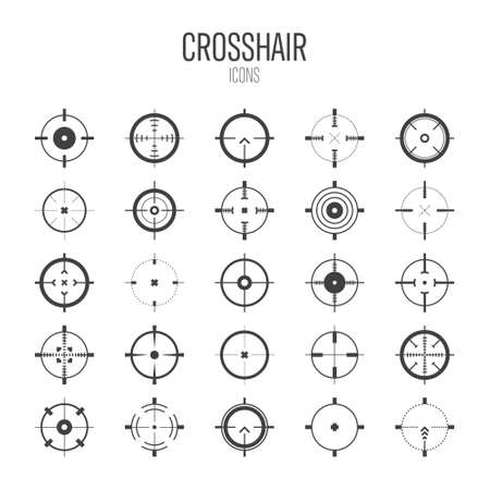 Crosshair, gun sight vector icons. Bullseye, black target or aim symbol. Military rifle scope, shooting mark sign. Targeting, aiming for a shot. Archery, hunting and sports shooting. Game UI element.のイラスト素材