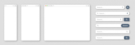 Blank internet browser window with various search bar templates. Web site engine with search box,...