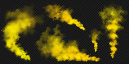 Realistic yellow colorful smoke clouds, mist effect. Colored fog on dark background. Vapor in air, steam flow. Vector illustration.のイラスト素材