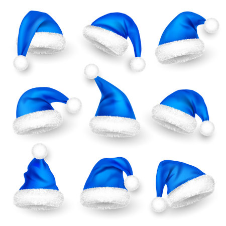 Various Santa Claus hats with fur. New Year blue hat, realistic winter cap. Christmas greeting card design element. Vector illustrationのイラスト素材