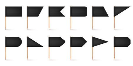 Realistic various toothpick flags. Wooden toothpicks with black paper flag. Location mark, map pointer. Blank mockup for advertising and promotions. Vector illustrationのイラスト素材