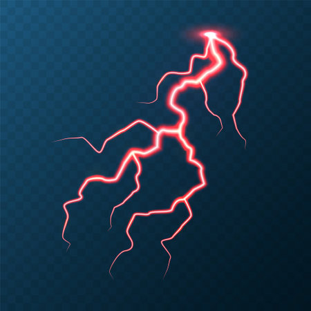Realistic colorful lightning on blue background. Thunderstorm and lightning bolt. Sparks of light. Stormy weather effect. Vector illustrationのイラスト素材