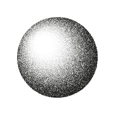 Round shaped dotted object, stipple elements. Fading gradient. Stippling, dotwork drawing, shading using dots. Pixel disintegration, halftone effect. White noise grainy texture. Vector illustrationのイラスト素材