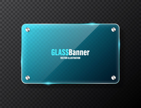 Realistic glass frame with metal holders. Blue transparent glass banner with flares and highlights. Glossy acrylic plate, element with light reflection and place for text. Vector illustrationのイラスト素材