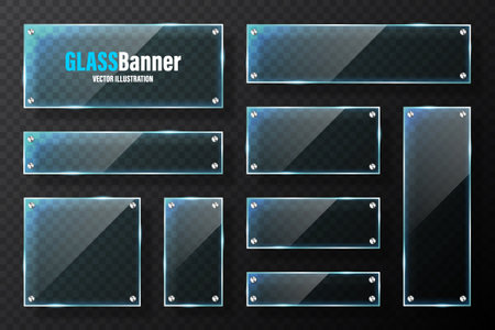 Realistic glass frames with metal holders. Blue transparent glass banners with flares and highlights. Glossy acrylic plate, element with light reflection and place for text. Vector illustrationのイラスト素材