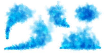 Blue colorful smoke clouds isolated on white background, realistic mist effect, fog. Vapor in the air, steam flow. Vector illustrationのイラスト素材