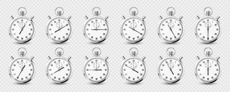 Realistic classic stopwatch icons. Shiny metal chronometer, time counter with dial. Countdown timer showing minutes and seconds. Time measurement for sport, start and finish. Vector illustrationのイラスト素材