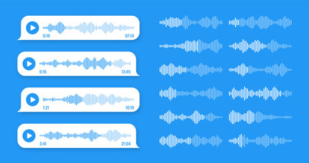 Voice, audio message, blue speech bubble. SMS text frame. Social media chat or messaging app conversation. Voice assistant, recorder. Sound wave pattern. Vector illustrationのイラスト素材