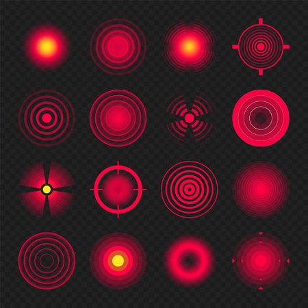 Pain localization marks. Painful area, aching spot. Red circles, targets. Headache, bruised body part marker. Back, neck, muscle pain symbol. Healthcare ad, medical information. Vector illustration.のイラスト素材