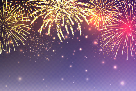 Realistic festive fireworks with transparency effect. Colorful explosion with bright sparks. Christmas or New Year greeting card design element. Diwali festival of lights. Vector illustrationのイラスト素材