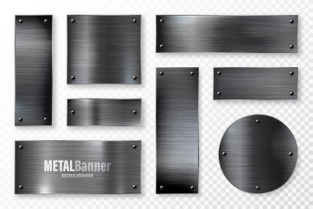 Realistic black metal banners collection. Brushed steel or aluminium plate, panel with screws. Polished metal surface. Old grunge texture with scratches. Vector illustrationのイラスト素材